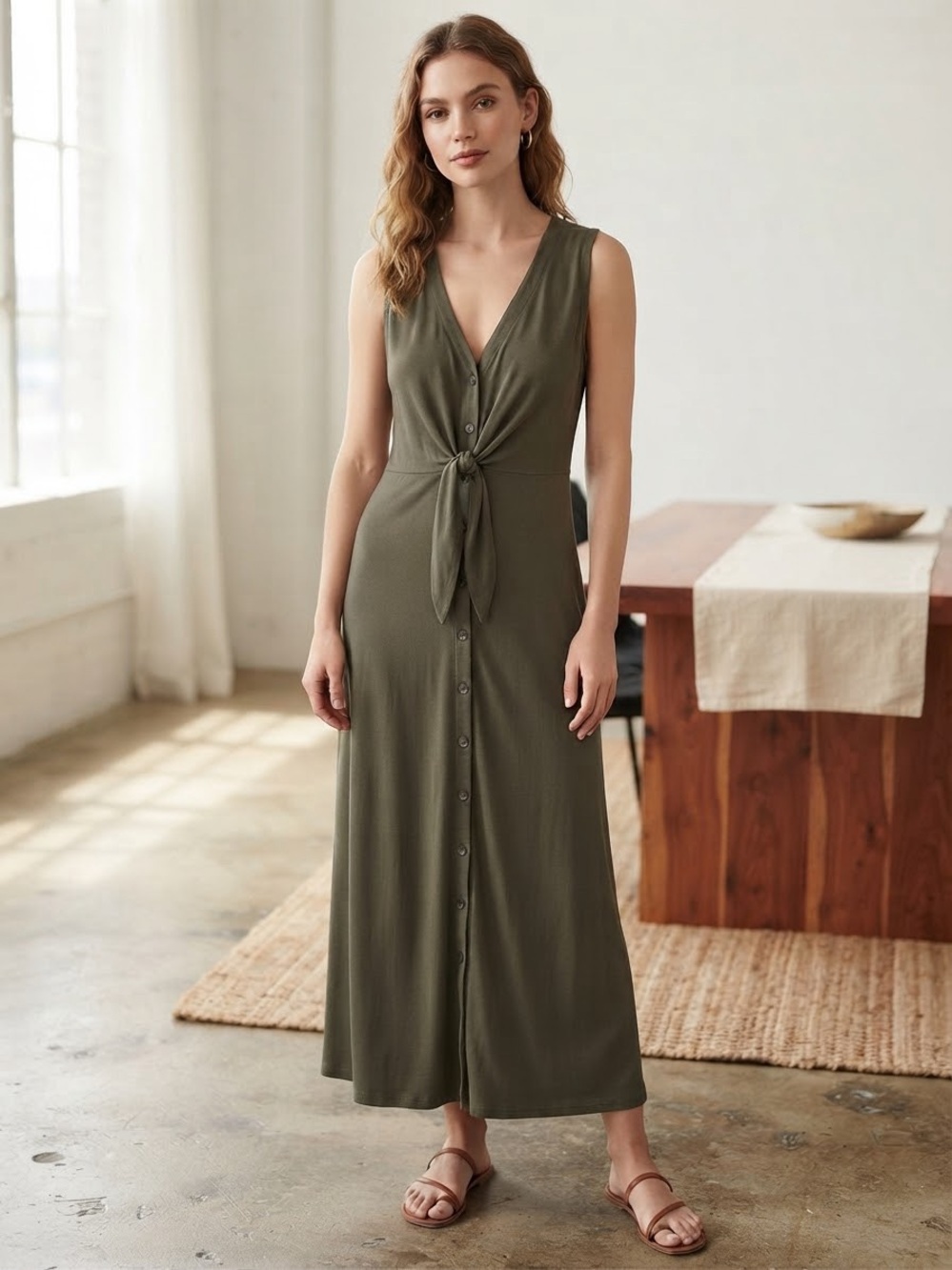Lou & Grey Olive Tie-Front Button Maxi Dress